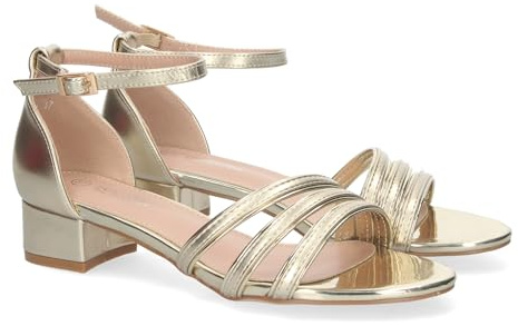 shoes&blues.es 81453-Sandalia de Tacon para Mujer, Comoda, con Pala Fina, y Cierre Ankle Strap de Hebilla. Talla 37 Oro