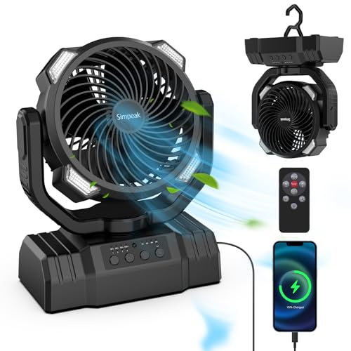 Simpeak Ventilatore Da Campeggio, 10000mAh Ventilatore USB Da Scrivania Ricaricabile con Telecomando, 3 Velocità, per Desktop, Ufficio, Campeggio, Tende, Esterno, Nero