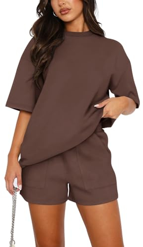 REORIA Women Cotton Short Sleeve Tracksuit Set Crew Neck Solid Color Shirt and Shorts with two Pockets two piece Outfit co ord Sets Coffee M