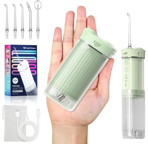 JTF Travel Water Flosser, Portable Cordless Compact Design, Removable Tank for Easy Cleaning & Filling, 4 Modes with DIY, 5 Tips, IPX7 Waterproof Dental Flosser for Braces Orthodontic Sensitive, Green