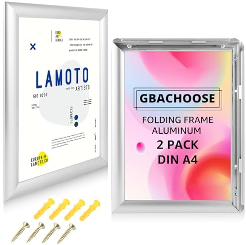 GBACHOOSE 2 marcos plegables de aluminio A4, marco plegable A4 de 25 mm, marco de póster con esquina de inglete, marco plateado para pósteres, certificados, fotos, material publicitario