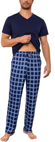 Bresdk Pyjama Homme Coton Ensembles de Pyjamas Long Vêtements de Nuit Manches Courtes Pantalon Pijamas Grande Taille