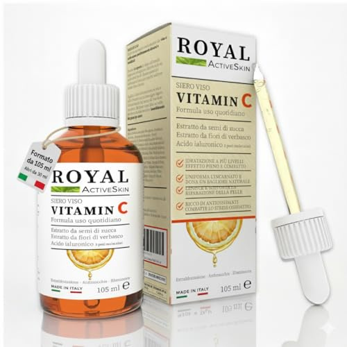 Siero Viso Vitamina C – Illuminante, Idratante, Antimacchia – Con Acido Ialuronico, Verbasco, Semi di Zucca – Siero Antimacchia Viso Made in Italy - 105ml - ROYAL COSMETICS