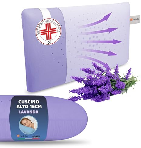 BELTALIA Cuscino Cervicale Alto 16 cm Aromaterapico Antirussamento – Dispositivo Medico Classe 1 Detraibile – Traspirante – Fodera Jersey – Made in Italy - (Lavanda Jersey, 73X43 H16)