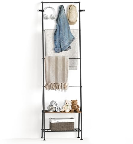 FANSXIVITA Blanket Ladder with Shelf - Freestanding Blanket Rack, Standing Towel Rack for Bathroom Living Room Bedroom, Blanket Holder with Hooks for Towels Clothes Scarves, Brown