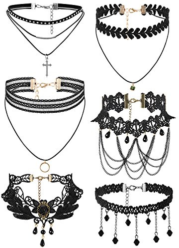 OIDEA Femme Bijoux Collier Choker Ras du Cou Dentelle Élastique Pednentif Gothique Réglable Velours Cuir Noir Lot de 6pcs Ensemble (Noir01)