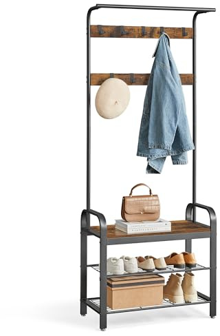 VASAGLE Coat Rack, Hall Tree with Shoe Bench for Entryway, Entryway Bench with Coat Rack, 4-in-1, with 9 Removable Hooks, a Hanging Rod, 13.3 x 28.3 x 72.1 Inches, Rustic Brown and Black UHSR40B