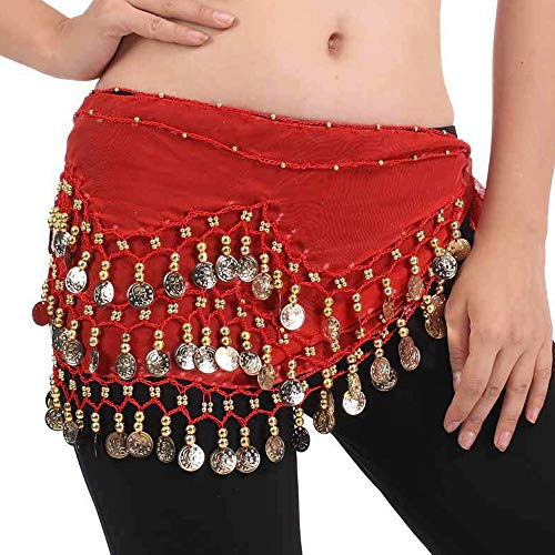 FLOFIA 1 Stück Damen Bauchtanz Gürtel Chiffon Hüfttuch Bauchtanz Münztuch Bauchtanz Münzgürtel Tanztuch Bauchtanz Kostüm mit 128 Münzen für Mädchen Frau Rot