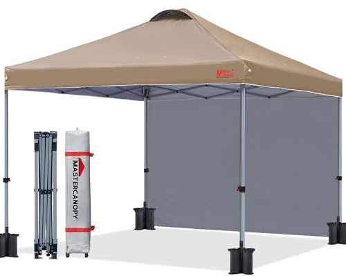 MASTERCANOPY Pop-up-Pavillon mit Seitenwand 3x3 Schnellaufbau, 3-Fach höhenverstellbar, UPF50+, wasserabweisend, inkl. Rolltasche + 4 Sandsäcke, für Camping, Events, Garten, Khaki