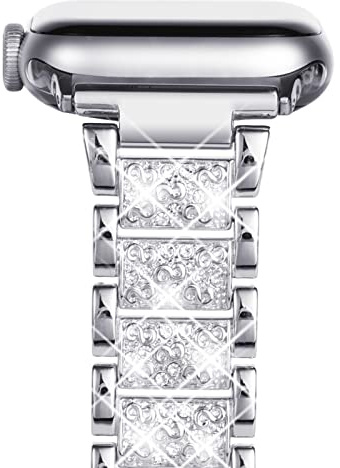 NewWays Kompatibel mit Apple Watch Metall Armband 42mm(Serie 11/10) 41mm 40mm 38mm,Damen Bling Diamant Glitzer Edelstahl Ersatzarmbänder für iWatch SE Series 11/10/9/8/7/6/5/4/3/2/1,Silber