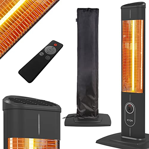 ICQN 2300 W Stand Heizstrahler mit Wasserdicht Schutzhülle, 4 Heizstufen mit Fernbedienung, Kohlenstoff Infrarotstrahler für Innen- & Außenbereich, Terrassenstrahler, Aluminium, Balkon