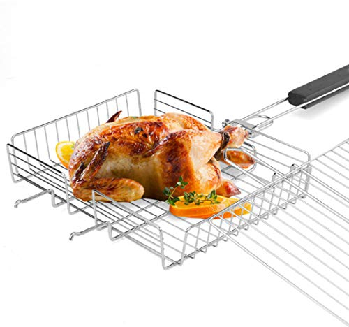 SUSHOP Faltbarer BBQ Grillkorb Fischbräter, Premium BBQ Grill-Korb Aus Edelstahl Mit Holzgriff-Grill-Wok/Grill-Pan/Grill-Rust/Vegetable Bowl/Vegetable Basket/Potato Basket