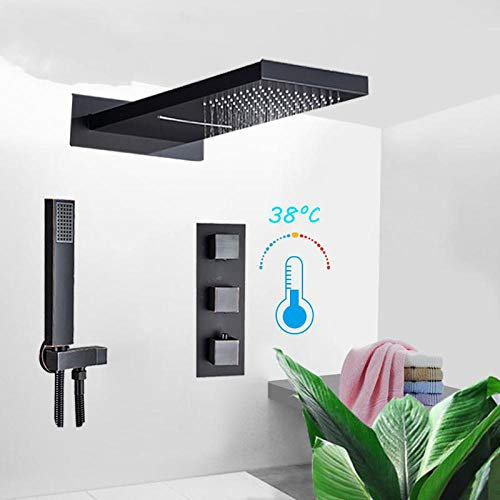 Gnailur Baño termostático negro Sistema de ducha Sistema de lluvia Cascada Cabeza de ducha 3 Manijas Termostático Baño Kit de ducha Cuadrado