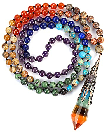 GEHECRST Schmuck 108 Perlen Mala Kette 7 Chakra Kette mit Hexagon Spitze Anhänger Chakra Steine Kette Wickelarmband Gebetskette Healing Reiki Yoga Kette Halskette