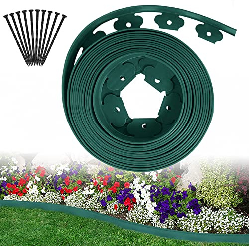 ACXIN Gräskant, plast, 20 m, flexibel, rabattkant, klippkant med jordankare, plast, trädgårdsstaket, gräsmattebegränsning, gräsgräns, trädgård, dekorativ (20 m x 5 cm, grön)