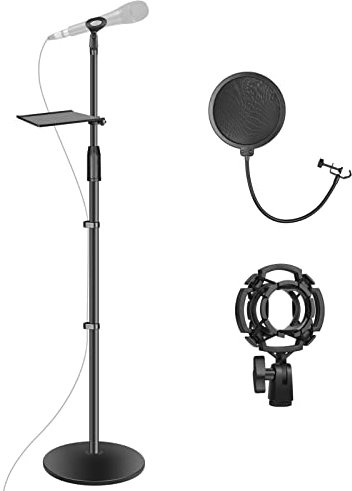 OUKMIC Universal Floor Mic Stand with Weighted Round Base, Pop Filter, Shock Mount, Barrel Mic Holder, Tray, Cable Clip, Adjustable Height from 34 to 71