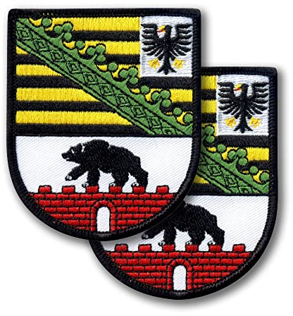 Sachsen-Anhalts vapensköld – Tyskland – set med två – broderad lapp/emblem – 6,9 x 7,9 cm (2,7 x 3,1 tum) – stryk på/sy på