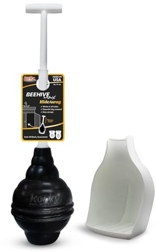 Korky BeehiveMAX Hideaway - Heavy Duty Toilet Plunger with Holder - Drip Free Carry - Seals All Bowl Shapes – Powerful Clog Removal, 97-5