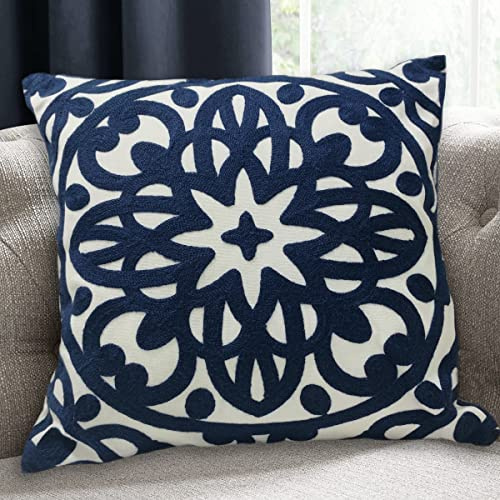 Alysheer Embroidered Decorative Throw Pillow Cover 20x 20, Boho Mandala Modern Thick Embroidery Pattern, Durable Cotton Canvas Soft Cushion Case for Sofa Couch Bed Living Room (Navy Blue)