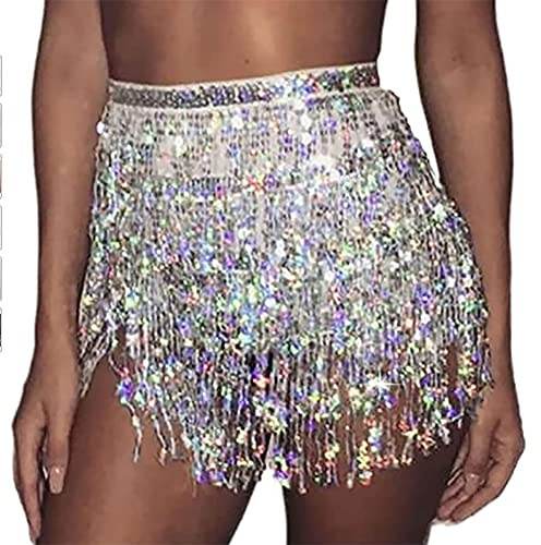 Clataly Belly dance sequins NAPPA falda falda cadera bufanda Correa envuelta falda rave Festival femenino (Plata)