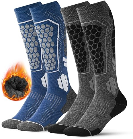 FORVEVO 2 pares de calcetines de lana merino para hombre 43-46,Calcetines de esquí cálidos y acolchados,Calcetines térmicos suaves y transpirables(Gris oscuro/Azul)