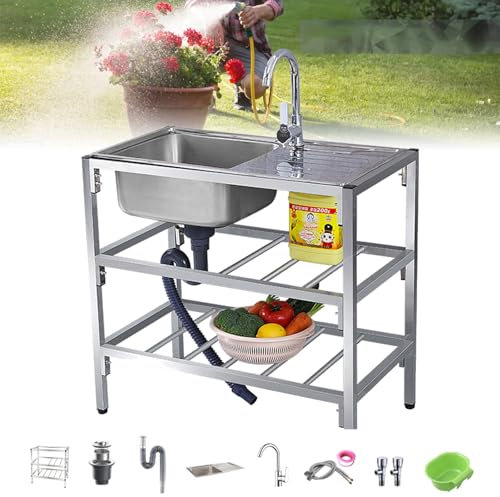 BRCYKRWY Lavello Inox Autoportante con Banco da Lavoro Lavandino Da Esterno A Libera Installazione Con Tavolo Da Lavoro E Rubinetto Lavandino Commerciale Professionale Per Cucina,Ristorante,Caffè,Gara