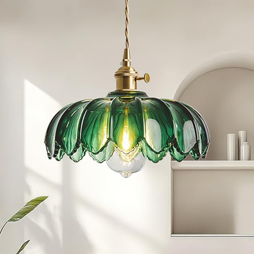 zhxinashu Pendelleuchte Glas Grünes, Pendellampe Vintage, E27 Messing Pendelleuchte Esstisch, Indoor Blume Form Deckenleuchte Industrial für Schlafzimmer, Wohnzimmer, Nachttisch, Küche