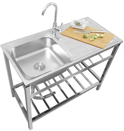 Évier Utilitaire Autoportant, Acier Inoxydable 304, Évier de Cuisine à Une Seule Cuve avec Robinet pour Eau Chaude et Froide Évier d'Extérieur pour Jardin, Garage ou Buanderie(Double layer)