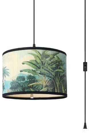 Bioaqua Bamboo Lamp Shade,Hanging Lights with Plug in Cord （15ft）,Hanging Pendant Light with Pattern,Boho Hanging Lights for Kitchen Bedroom Decor Living Room Light Fixture Swag Light Indoor