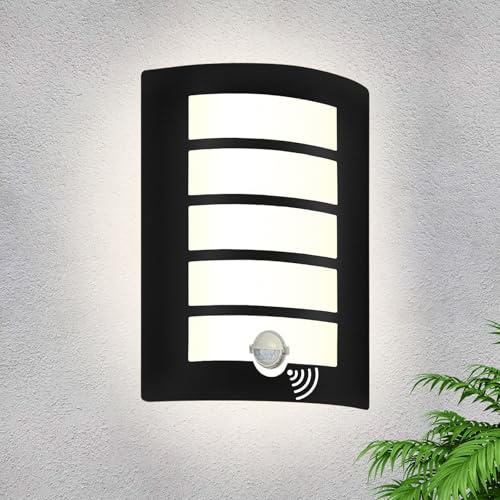 HiBay Outside Light with Sensor Pir Outdoor Wall Lights Wall Sconce Lamp | Mains Powered, Stainless Steel, IP44 Waterproof, Black, E27 External Lamps for Front Door Porch Patio Yard, Without Bulb
