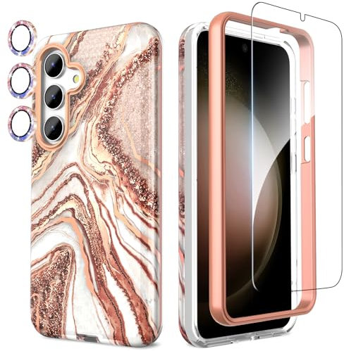 SHEDEER 4-in-1 Samsung S25 Case with Screen Protector + Bumper & Camera Protector | Military-Grade Shockproof 360° Protection, Samsung Galaxy S25 Case Glossy Fade-Resistant Pattern Design (Rosegold)