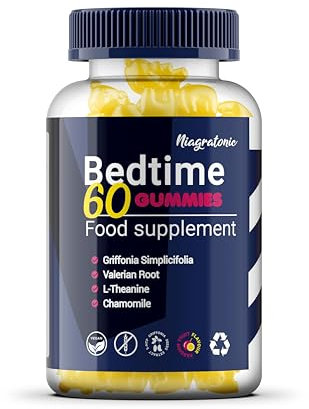 Bedtime Gummies with Griffonia Seed Extract, 5-HTP 60 Gummies Vegan, Gluten-Free, Passion Fruit Flavour, Valerian Root, Chamomile, L-Theanine, Natural Sleep Aid Formula