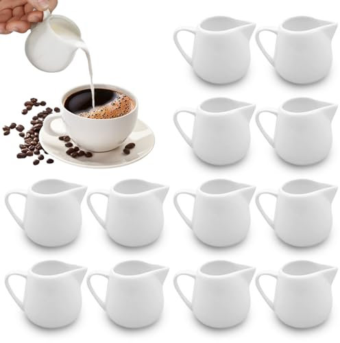 12 Pcs Small Milk Ceramic Jugs, 110ML White Handle Sauce Pots, Mini Fingerprint Creamer Pitcher for Coffee and Sauces