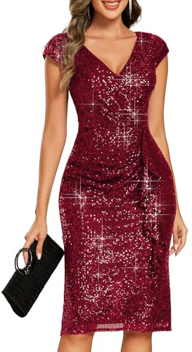 Ever-Pretty Vestido de Cóctel Elegante de Lentejuelas Sirena Cuello en V Midi Sexy para Noche Burdeos 40