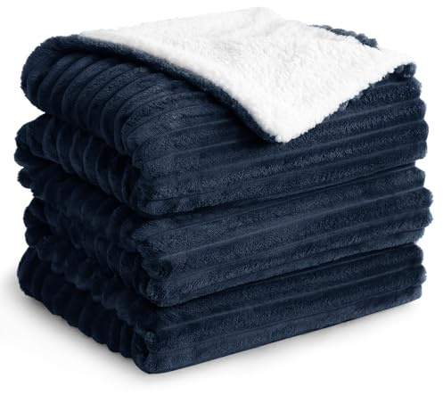 Aisbo Dicke Cord Sherpa Decke Blau - Warme Kuscheldecke Flauschig 220x240 XXL Winter Plüsch Kuscheldecken als Sofadecke Couchdecke Große Überwurf Wohndecke