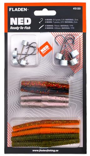 Ned Rig Kit. Innehåller 16st delar. Jiggar i mjuk plast(TPR: Thermoplastic Rubber). Perfekt för finessfiske i insjö efter abborre eller andra predatorer. Jiggskallar i Zink.