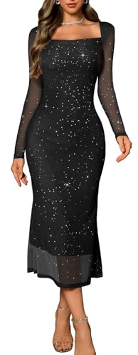 DRESSTELLS Sequin Formal Dresses for Women, Sparkly Long Sleeve Bodycon Mesh Cocktail Wedding Guest Evening Party Prom Gala Funeral Dress Black S
