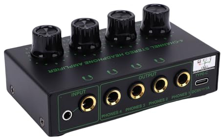 Cuifati 4 -kanalens Hörlurarförstärkare, Stereo -ljudförstärkare med Volymjusteringsknapp, 1/4in TRS Mini Hörlurar, för Studio, Inspelning, med USB -strömförsörjningsport