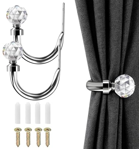Curtain Tie Backs - 2 Pack Curtain Holdbacks, Crystal Ball Metal Curtain Tie Backs, Decorative Curtain Holders with Mounting Hardware, Wall Mounted Tie Backs Hooks for Drapery, Tie Backs for Curtains