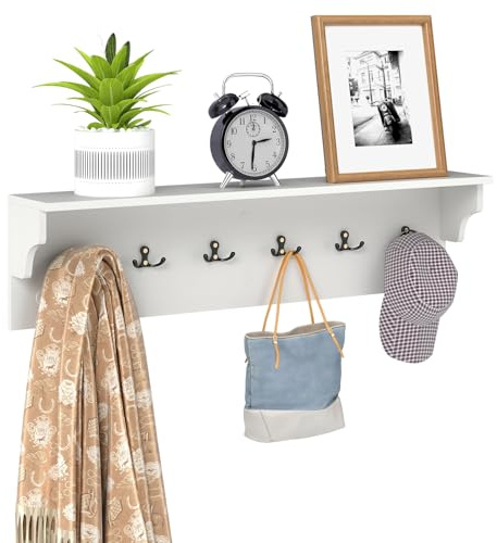 COSTWAY Wandgarderobe mit Ablage, Holz Garderobenleiste mit 6 Kleiderhaken für Hüte & Bademäntel, Wandregal schwebend, Hängeregal Wandhaken für Flur, Schlafzimmer, 80 × 14 × 20 cm (Weiß)