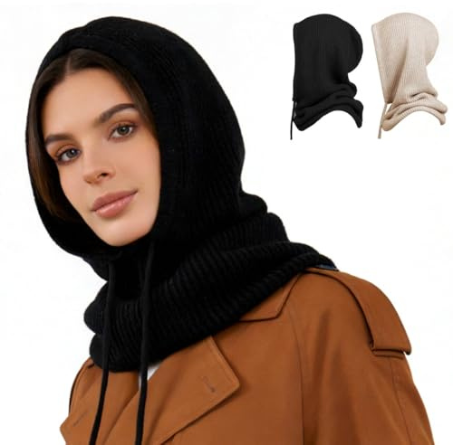 CUEMOON Vintermössor för kvinnor balaclava stickad mössa mössa, huva med dragsko, utomhus vindtät hatt kvinnor balaclava huva hatt