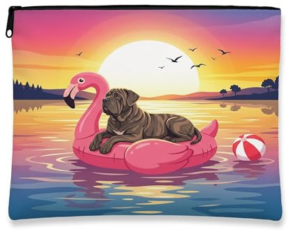 Funny Neopolitan Mastiff Dog Makeup Bag, Flamingos Lifebuoys Sea Cosmetic Travel Pouch for Women, Portable Small Canvas Zipper Organizer, Pet Toiletry Bag 7x9 Inch