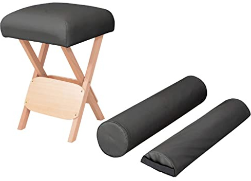 Ziaphsol Tabouret de massage pliant avec coussin d'assise de 12 cm, 2 rouleaux de nuque, 35 x 35 x 52 cm, noir, bois massif et PVC, pour massage, bien-être, maison, bureau, compact pliable