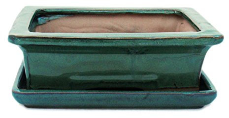 exotenherz - Bonsai-Schale mit Unterteller Gr. 3 - Grün - eckig - Modell G29 - L 18cm - B 13cm - H 6cm