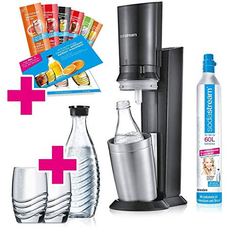 SodaStream Crystal 2.0 Wassersprudler-Set Promopack mit CO2-Zylinder, 2X Glaskaraffen, 2X Trinkgläsern, Titan