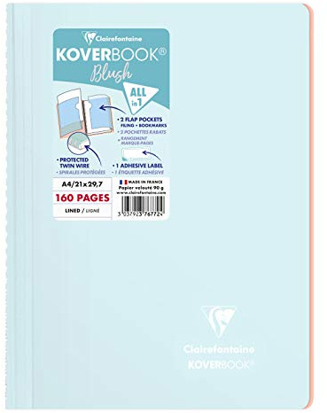 Clairefontaine 376772C - One Spiral Notebook Koverbook Blush Frosted Blue - A4 21x29,7 cm - 160 Lined Pages - White Paper 90 g - Wraparound Polypro Cover
