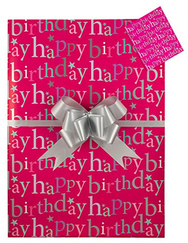 Happy Birthday Pink Gift Wrap Pack 2 Sheets 2 Tags and 2 Silver Pull Bows, Arrives in an A4 Boarded Envelope, Pink Wrapping Paper, Birthday Female,