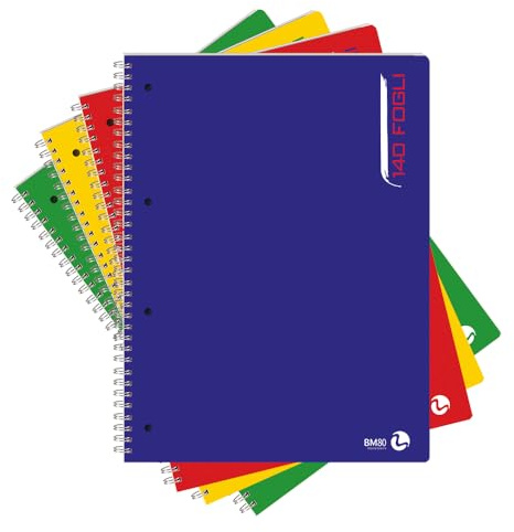 BM BeMore - Blocco Spiralato Maxi Color 0112759-140 Fogli - Blocco Spiralato con Fori Formato A4 - Rigatura 5 mm con Quadretti 5 mm - Carta 80 g/mq – 4 Colori Assortiti - Confezione 3 pezzi