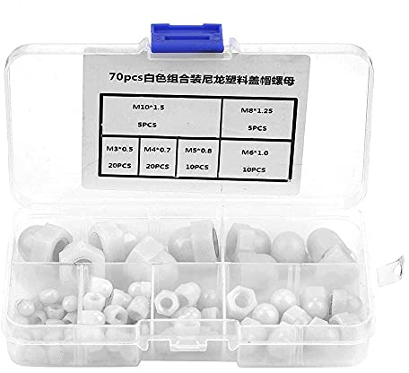 Kit Surtido de Tuercas Bellota Nailon con Cabeza de Domo, Tuerca Hexagonal Corona Tuercas Bellotas Tuerca Ciega En Forma de 70 Piezas M3/M4/M5/M6/M8/M10 (Blanco)