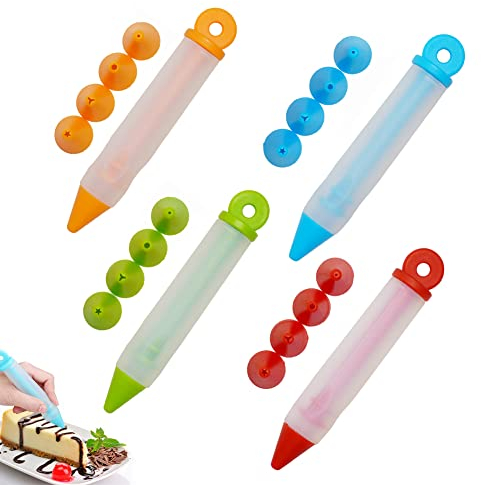HUYIWEI 4 PCS Gebäck Dekorierstift,Creme Dekorierstift,Tortenspritze Silikon,Silikon Dekorationsstift,Jeder hat 3 Verschiedene Arten von Düsen,Geeignet FüR Kuchen-, GebäCk- Und Dessertdekoration